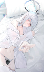 Rule 34 | 1girl, absurdres, alternate costume, black panties, blue archive, blush, breasts, cleavage, collarbone, grin, halo, highres, long hair, long sleeves, looking at viewer, lying, mechanical halo, navel, noa (blue archive), on bed, on side, panties, pillow, pointing, pointing at viewer, purple eyes, rerrere, shirt, smile, solo, stomach, underwear, white shirt