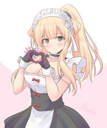 Rule 34 | 1girl, alternate costume, alternate hairstyle, blonde hair, breasts, cleavage, double bun, enmaided, fletcher (kancolle), hair bun, hair ornament, heart, heart hands, highres, kantai collection, large breasts, long hair, maid, maid headdress, ponytail, purple eyes, shizuna kaede, sidelocks, simple background, star (symbol), star hair ornament, twitter username