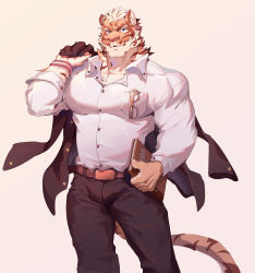 Rule 34 | 1boy, absurdres, alternate costume, animal ears, bara, black pants, book, bulge, unworn eyewear, feet out of frame, formal, furry, furry male, highres, holding, holding book, kepler (1825073996), large pectorals, looking at viewer, pectoral cleavage, male focus, muscular, muscular male, nekojishi, pants, partially unbuttoned, pectorals, shirt, short hair, solo, tail, thighs, tiger boy, tiger ears, tiger tail, white shirt