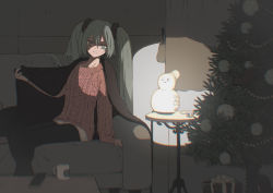 Rule 34 | 1girl, arm support, beckoning, black pantyhose, blanket, blurry, box, cellphone, christmas ornaments, christmas tree, couch, cup, curtains, depth of field, gift, gift box, green eyes, green hair, hair between eyes, hatsune miku, indoors, pantyhose under shorts, long hair, long sleeves, looking at viewer, mug, outstretched arm, pantyhose, phone, plug, red sweater, shorts, sitting, sleeves past wrists, snowman, solo, stage lights, suzukou, sweater, table, twintails, under covers, very long hair, vocaloid, wooden table