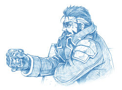 Rule 34 | 1boy, bbb (friskuser), blitz talker, blue theme, coat, cup, drinking glass, facial hair, glasses, gloves, long sleeves, male focus, monochrome, multicolored hair, mustache, parted lips, profile, re:creators, shot glass, simple background, sitting, solo, streaked hair, upper body, white background