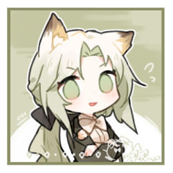 Rule 34 | 1girl, animal ears, arknights, black bow, black collar, border, bow, bowtie, butler, cat ears, cat girl, chibi, collar, crossed arms, flying sweatdrops, green background, green eyes, green hair, hair bow, jacket, kal&#039;tsit (arknights), lapels, long hair, long sleeves, looking at viewer, official alternate costume, open mouth, renren, shirt, simple background, solo, suit jacket, upper body, white border, white bow, white bowtie, white shirt
