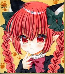 Rule 34 | 1girl, animal ears, black dress, bow, bowtie, cat ears, dress, extra ears, fang, fang out, green bow, hair between eyes, hair bow, hand up, kaenbyou rin, light blush, light smile, looking at viewer, paw print, pointy ears, red bow, red bowtie, red eyes, red hair, simple background, solo, touhou, yellow background, zenra1112
