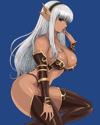 Rule 34 | 1girl, armor, bare shoulders, bikini armor, blue background, blue eyes, breasts, cleavage, dark elf, dark elf beastmaster, dark skin, dark-skinned female, dragon&#039;s crown, elf, hairband, highleg, looking at viewer, lowres, matoyama, pointy ears, solo, thighhighs, white hair