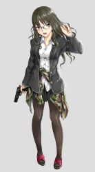 Rule 34 | 1girl, black hair, blue eyes, browning hi-power, business suit, camouflage, clothes around waist, female focus, formal, full body, geococcyx, glasses, grey background, gun, handgun, highres, holding, holding gun, holding weapon, long hair, military, open mouth, original, pantyhose, pistol, pleated skirt, rimless eyewear, sandals, shirt, shirt around waist, simple background, skirt, solo, suit, trigger discipline, weapon
