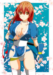 Rule 34 | 1girl, blue background, border, breasts, brown eyes, brown hair, cherry blossoms, choker, cleavage, collarbone, cowboy shot, dead or alive, female focus, floral background, gradient background, groin, kasumi (doa), kettsu, large breasts, long hair, looking at viewer, panties, pelvic curtain, petals, puffy short sleeves, puffy sleeves, sheath, sheathed, short sleeves, smile, solo, sword, thighhighs, underwear, v, wakizashi, weapon, white border, white panties, white thighhighs, wind, wind lift