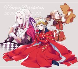 Rule 34 | 3girls, age comparison, brown hair, cape, chess piece, chessboard, closed mouth, dated, dress, edelgard von hresvelg, english text, fire emblem, fire emblem: three houses, flower, full body, garreg mach monastery uniform, gloves, grey background, hair ribbon, happy birthday, headpiece, high heels, highres, hiyori (rindou66), holding, holding flower, holding stuffed toy, horns, long hair, long sleeves, multiple girls, nintendo, open mouth, purple eyes, red cape, ribbon, simple background, sitting, stuffed animal, stuffed toy, teddy bear, twintails, uniform, white background, white hair, aged down