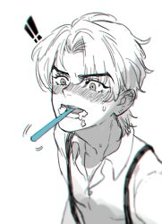 Rule 34 | !, !!, aged down, blush, brushing another&#039;s teeth, brushing teeth, dio brando, highres, honlo, invisible, jojo no kimyou na bouken, male focus, mole, mole on ear, open mouth, phantom blood, shirt, short hair, suspenders, sweatdrop, teeth, tongue, toothbrush, toothbrush in mouth, toothpaste