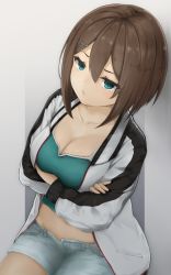 Rule 34 | 1girl, alternate costume, aqua shirt, blue eyes, blush, breasts, brown hair, cleavage, closed mouth, crossed arms, gradient background, hair between eyes, hair ornament, hairclip, highres, kantai collection, large breasts, looking at viewer, looking up, maya (kancolle), midriff peek, shirt, short hair, short shorts, shorts, terebi-, x hair ornament