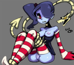 Rule 34 | 1girl, anus, bare shoulders, bdsm, blue hair, blue skin, blush, bondage, bound, breasts, cleavage, cleft of venus, colored skin, corset, detached sleeves, frown, hair over one eye, legs together, leviathan (skullgirls), long hair, monster girl, nipples, no pants, ponytail, pussy, red eyes, restrained, scar, sho-n-d, side ponytail, sitting, skull, skullgirls, sleeves past wrists, solo, squigly (skullgirls), stitched mouth, stitches, striped clothes, striped thighhighs, thighhighs, uncensored, yellow eyes, zombie
