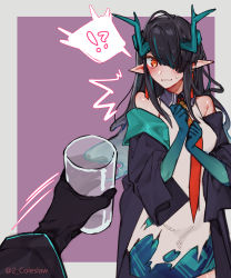 Rule 34 | !?, 1girl, 1other, arknights, bare shoulders, black coat, black gloves, black hair, coat, cup, dragon horns, dress, drinking glass, dusk (arknights), gloves, green hair, grey background, hair over one eye, highres, holding, holding cup, horns, long hair, long sleeves, looking at viewer, mirin chikuwa, motion lines, multicolored hair, necktie, parted lips, pointy ears, pov, pov hands, purple background, red necktie, streaked hair, two-tone background, white dress