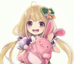 Rule 34 | 1girl, ahoge, blonde hair, blush, bow, brown eyes, comeco, futaba anzu, hair bow, holding, holding stuffed toy, idolmaster, idolmaster cinderella girls, long hair, looking at viewer, low twintails, open mouth, puffy short sleeves, puffy sleeves, shirt, short sleeves, simple background, smile, solo, stuffed animal, stuffed rabbit, stuffed toy, twintails, upper body, white background, wrist cuffs