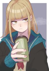 Rule 34 | 1girl, alternate hairstyle, blonde hair, blue sailor collar, blunt bangs, blush, boku no hero academia, closed mouth, cup, disposable cup, highres, holding, holding cup, jacket, long sleeves, neckerchief, open clothes, open jacket, red neckerchief, sailor collar, school uniform, simple background, sleeves past wrists, solo, steam, toga himiko, tongu 11, upper body, yellow eyes
