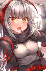Rule 34 | 1girl, ahoge, antennae, arknights, black gloves, black jacket, black scarf, black skirt, breasts, demon horns, food, gloves, grey shirt, highres, horns, jacket, large breasts, leaning forward, looking at viewer, nyamaso, open clothes, open jacket, open mouth, pocky, red eyes, scar, scar on arm, scarf, shirt, short hair, silver hair, skirt, solo, standing, surprised, sweat, twitter username, w (arknights)