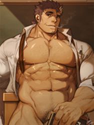 Rule 34 | 1boy, abs, bara, bare pectorals, book, bottomless, brown hair, chest hair, cigarette, classroom, covering privates, covering crotch, cowboy shot, facial hair, goatee, gomtang, groin, holding, holding book, indoors, large pectorals, long sideburns, male focus, male pubic hair, manly, mature male, mononobe kyoma, multicolored hair, muscular, muscular male, naked shirt, navel, navel hair, nipples, open clothes, open shirt, pectorals, pubic hair, shirt, short hair, sideburns, sleeves rolled up, smile, smoking, solo, stomach, streaked hair, stubble, thick eyebrows, thick thighs, thighs, tight clothes, tight shirt, tokyo houkago summoners, white hair, white shirt