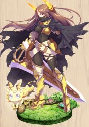 Rule 34 | 1girl, armor, brown hair, character request, cloak, flower knight girl, high heels, horns, kirinsou (flower knight girl), long hair, mask, mizunashi (second run), mouth mask, purple eyes, skin tight, sword, thighhighs, weapon