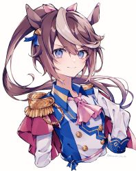 Rule 34 | 1girl, ascot, blue eyes, blue jacket, brown hair, buttons, cape, closed mouth, cropped torso, double-breasted, epaulettes, hair flaps, hand on own hip, high ponytail, highres, himawari himuka, horse girl, jacket, long hair, long sleeves, looking at viewer, multicolored clothes, multicolored hair, multicolored jacket, pink ascot, red cape, signature, single epaulette, smile, solo, streaked hair, tokai teio (umamusume), twitter username, two-tone hair, two-tone jacket, umamusume, upper body, v-shaped eyebrows, white hair, white jacket