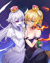 Rule 34 | 2girls, black dress, black nails, black sclera, blonde hair, blue eyes, bowsette, breasts, cleavage, colored sclera, colored skin, colored tongue, dress, elbow gloves, fang, gloves, grin, highres, horns, ibenz009, large breasts, long hair, looking at viewer, luigi&#039;s mansion, mario (series), multiple girls, nail polish, new super mario bros. u deluxe, nintendo, parted lips, pink eyes, ponytail, princess king boo, purple tongue, skin fang, smile, super crown, teeth, white dress, white gloves, white skin