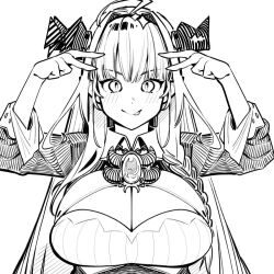 Rule 34 | 1girl, :&gt;, ahoge, blush, breasts, cleavage, dismassd, double v, dragon girl, dragon horns, hololive, horns, kiryu coco, large breasts, long hair, monochrome, solo, tongue, tongue out, v, virtual youtuber