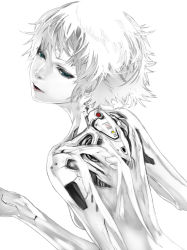Rule 34 | 10s, 1girl, android, aqua eyes, beatless, breasts, greyscale, jitome, lips, looking back, machine, monochrome, parted lips, partially colored, redjuice, see-through, small breasts, solo, spot color, white background, white hair, white theme