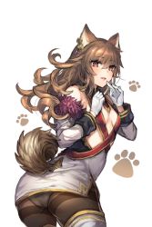 Rule 34 | 1girl, animal ears, ass, blush, breasts, brown eyes, brown hair, dog ears, dog tail, from side, gloves, hair between eyes, hands up, long hair, looking at viewer, original, panties, panties under pantyhose, pantyhose, parted lips, paw print, paw print background, shikino yuki, sidelocks, simple background, small breasts, smile, solo, tail, thighband pantyhose, twisted torso, underwear, wavy hair, white background, white gloves