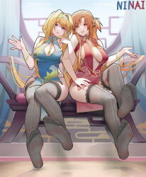 Rule 34 | 2girls, alice zuberg, asuna (sao), black thighhighs, blonde hair, blue eyes, brown eyes, brown hair, china dress, chinese clothes, dress, feet, female focus, foot focus, full body, highres, lace, lace-trimmed legwear, lace trim, long hair, looking at viewer, multiple girls, navel, ninai, no bra, panties, pelvic curtain, revealing clothes, see-through, smile, soles, sword art online, sword art online: alicization, thighhighs, thighs, underwear, yuri