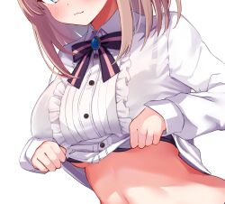 Rule 34 | 1girl, :3, arched back, black bow, black bowtie, black bra, blue brooch, blue eyes, blush, bow, bowtie, bra, bra peek, breasts, brown hair, buttons, center frills, clothes lift, collared shirt, festa11307070, frilled shirt, frills, head out of frame, highres, large breasts, lifting own clothes, long sleeves, looking at viewer, medium hair, nijisanji, pink bow, pink bowtie, shirt, shirt lift, simple background, smile, solo, suzuhara lulu, suzuhara lulu (1st costume), underwear, virtual youtuber, white background, white shirt