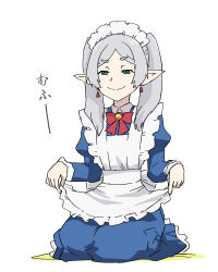 Rule 34 | 1girl, alternate costume, apron, commentary, doyagao, earrings, elf, enmaided, frieren, green eyes, highres, jewelry, long hair, maid, maid apron, maid headdress, meme, parody, pointy ears, seiza, sitting, smug, solo, sousou no frieren, twintails, ueyama michirou, white background, you can just give this kind of thing to men and they will be thrilled (meme)