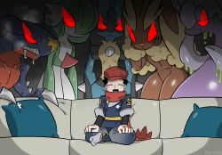 Rule 34 | 1boy, alpha pokemon, ambiguous gender, blush, couch, creatures (company), drooling, game freak, garchomp, gardevoir, gen 3 pokemon, gen 4 pokemon, glowing, glowing eyes, hat, highres, hisuian goodra, looking at another, lopunny, lucario, meme, meme attire, monodie, multiple others, nintendo, pectorals, pillow, piper perri surrounded (meme), pokemon, pokemon (creature), pokemon legends: arceus, rei (pokemon), saliva, sharp teeth, sitting, size difference, teeth, you gonna get raped
