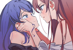 Rule 34 | 2girls, aikatsu!, aikatsu! (series), alternate costume, blue eyes, blue hair, blush, brown hair, closed mouth, commentary request, eye contact, face-to-face, from side, hands on another&#039;s cheeks, hands on another&#039;s face, kiriya aoi, long hair, looking at another, multiple girls, open mouth, purple eyes, shibuki ran, smile, upper body, yamamura saki, yuri