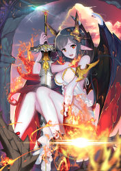 Rule 34 | 1girl, absurdres, aowltus209, bad id, bad pixiv id, black hair, breasts, cleavage, cloud, demon girl, demon wings, fang, fire, highres, large breasts, long hair, looking at viewer, open mouth, original, pointy ears, red eyes, sitting, solo, sword, weapon, wings