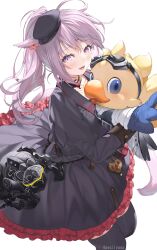 Rule 34 | 1girl, absurdres, alpha (ff14), animal ears, bird, black dress, black headwear, black thighhighs, blush, cat ears, cat girl, cat tail, chocobo, dress, facial mark, final fantasy, final fantasy xiv, frilled dress, frills, goggles, goggles on head, highres, holding, lace collar, long hair, looking at viewer, miqo&#039;te, omega (final fantasy), purple eyes, round, simple background, tail, thighhighs, white background, yana mori