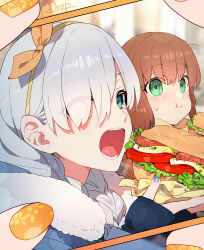 Rule 34 | anastasia (fate), blue eyes, blue nails, braid, brown hair, casual, cellphone, charlotte corday (fate), eating, fate/grand order, fate (series), food, full mouth, green eyes, grey hair, hair over one eye, hairband, highres, long hair, nail polish, open mouth, orange nails, phone, redrop, sandwich, signature, smartphone, taking picture, twin braids