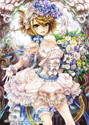 Rule 34 | 1girl, animal ears, aqua flower, bare shoulders, blonde hair, blue flower, bow, character request, dress, flower, gloves, green eyes, highres, hori airi, leaf, looking at viewer, open mouth, purple flower, rose, short hair, smile, solo, strapless, strapless dress, tail, white bow, white dress, white flower, white gloves, white rose, yellow flower, z/x