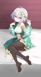 Rule 34 | 1girl, absurdres, feet, finger to mouth, highres, kokkoro (princess connect!), light blush, light smile, looking at viewer, medium hair, pantyhose, pointy ears, princess connect!, red eyes, silver hair, soles, toes