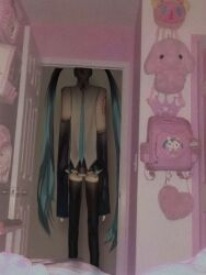Rule 34 | 1girl, aestsart, aqua eyes, aqua hair, aqua necktie, backpack, backrooms (creepypasta), bag, bare shoulders, bedroom, black footwear, black sleeves, boots, collared shirt, commentary, covered face, detached sleeves, english commentary, faceless, grey shirt, hatsune miku, hello kitty, highres, horror (theme), long hair, monster girl, necktie, open door, pink theme, pleated skirt, sanrio, shaded face, shirt, skirt, sleeveless, sleeveless shirt, solo, standing, tall female, thigh boots, thighhighs, twintails, very long hair, vocaloid, zettai ryouiki