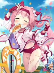 Rule 34 | 2girls, absurdres, animal ears, bandaid, bandaid on leg, blue hair, blush, bread, bread eating race, buruma, commentary request, ear covers, closed eyes, fingerless gloves, food, gloves, hair intakes, haru urara (umamusume), headband, highres, hizuki yayoi, horse ears, horse girl, horse tail, jacket, mouth hold, multiple girls, navel, open clothes, open jacket, outdoors, pink hair, red buruma, red gloves, red headband, running, shoes, tail, track jacket, twin turbo (umamusume), twintails, umamusume, white footwear, white jacket
