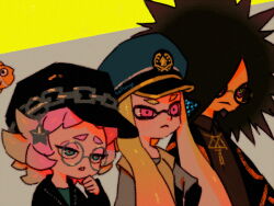 Rule 34 | 1boy, 2girls, agent 3 (splatoon 3), aqua shirt, artist name, beard, bellhenge, big hair, black-framed eyewear, black hair, black headwear, black robe, black sleeves, blonde hair, blue eyes, blue headwear, blue undershirt, cabbie hat, chain, chain headband, character request, check character, clenched hand, closed mouth, collared shirt, colored sclera, commentary, english commentary, eyeshadow, facial hair, fish, frown, glasses, gold trim, green eyes, grey background, grey shirt, half-closed eyes, hand on own chin, hand on own hip, hat, hat ornament, height difference, inkling, inkling girl, inkling player character, jacket, jewelry, layered sleeves, leather, leather jacket, lineup, long hair, long sleeves, looking ahead, low twintails, makeup, mascara, military hat, multiple girls, necklace, nintendo, open clothes, open mouth, open robe, pink eyes, pink eyeshadow, pink hair, purple sclera, robe, round eyewear, shirt, short hair, short over long sleeves, short sleeves, spiked hair, splatoon (series), splatoon 3, star (symbol), star hat ornament, t-shirt, tentacle hair, triangle mouth, twintails, two-tone background, v-shaped eyebrows, yellow background, yellow shirt