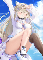 Rule 34 | 1girl, absurdres, akuame (ring3922), animal ear fluff, animal ears, arms up, belt collar, black collar, blonde hair, blue hair, blue nails, blue sky, blush, breasts, cleavage, cleavage cutout, closed eyes, closed mouth, clothing cutout, cloud, collar, dog ears, dog girl, dress, fishnet thighhighs, fishnets, fuwawa abyssgard, fuwawa abyssgard (1st costume), hair ornament, hairpin, highres, hololive, hololive english, large breasts, long hair, multicolored hair, nail polish, perroccino (fuwamoco), short dress, sidelocks, single fishnet legwear, sky, smile, spiked collar, spikes, streaked hair, thighhighs, two side up, virtual youtuber, white dress