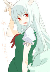 Rule 34 | 1girl, :d, arm at side, arm up, bad source, dot nose, dress, ex-keine, from side, green dress, green tail, horns, kamishirasawa keine, light blush, light green hair, long hair, looking at viewer, looking to the side, machiko (beard), narrowed eyes, neckerchief, open mouth, pinafore dress, puffy short sleeves, puffy sleeves, red eyes, red neckerchief, round teeth, short sleeves, simple background, sleeveless, sleeveless dress, smile, solo, tail, teeth, touhou, upper body, upper teeth only, white background