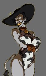 Rule 34 | 1girl, absurdres, alcina dimitrescu, animal print, arms under breasts, artist name, ass, bare shoulders, bdsm, bell, bit gag, black gloves, black hair, black hat, bondage, bound, breasts, brown collar, cameltoe, capcom, collar, colored skin, cow print, cow tail, cowbell, ear piercing, earrings, english text, eyeliner, fake tail, female focus, gag, gagged, gloves, grey background, grey skin, hat, highres, jewelry, large breasts, leotard, lips, lipstick, makeup, mother&#039;s day, neck bell, piercing, red lips, resident evil, resident evil village, shiny clothes, shiny skin, short hair, solo, tail, tbsp, teeth, thick thighs, thighs, yellow eyes