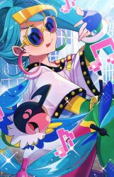 Rule 34 | aqua hair, bird, blue gloves, bracelet, chatot, creatures (company), earrings, fingerless gloves, game freak, gen 4 pokemon, gloves, hachimitsu monte, hatsune miku, highres, jewelry, long hair, multicolored pants, musical note, nintendo, normal miku (project voltage), pants, pokemon, pokemon (creature), project voltage, shirt, sunglasses, tongue, tongue out, twintails, very long hair, vocaloid