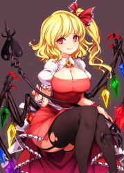 Rule 34 | 1girl, absurdres, aged up, alternate breast size, ascot, blonde hair, bow, breasts, crystal, fang, flandre scarlet, frilled shirt collar, frilled sleeves, frills, hat, hat ribbon, highres, laevatein (touhou), large breasts, medium hair, one side up, puffy short sleeves, puffy sleeves, raptor7, red bow, red eyes, red ribbon, red skirt, red vest, ribbon, shirt, short hair, short sleeves, skirt, solo, torn clothes, touhou, vest, white shirt, wings, yellow ascot