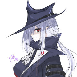 Rule 34 | 1girl, arknights, ascot, black coat, black dress, black hat, breasts, closed mouth, coat, commentary, dress, floating hair, from side, gladiia (arknights), goth fashion, hat, high collar, highres, large breasts, looking at viewer, looking to the side, maiq06, pointy ears, pointy hat, profile, red eyes, sideways glance, sideways mouth, silver hair, solo, upper body, white ascot, white background