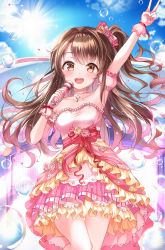 Rule 34 | 1girl, :d, arm up, armpits, bad id, bad pixiv id, blue sky, bow, brown eyes, brown hair, bubble, cloud, dress, dress bow, dress flower, flower, frilled dress, frills, gloves, hair flower, hair ornament, highres, holding, holding microphone, idolmaster, idolmaster cinderella girls, idolmaster cinderella girls starlight stage, microphone, open mouth, pink dress, shimamura uzuki, short sleeves, sky, smile, sparkle, ssum (ehf dustk), stage, standing, sun, teeth, upper teeth only, v