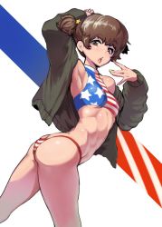 Rule 34 | 10s, 1girl, alisa (girls und panzer), american flag bikini, armpits, ass, bikini, breasts, brown eyes, brown hair, butt crack, chestnut mouth, flag print, freckles, girls und panzer, jacket, looking at viewer, nail polish, open clothes, open jacket, sasaki tatsuya, short hair, short twintails, small breasts, solo, standing, swimsuit, tankini, toned, twintails, underboob, yellow nails