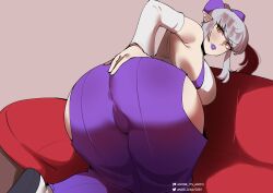 Rule 34 | 1girl, ass, ass focus, bare shoulders, bow, breasts, character request, copyright request, couch, detached sleeves, from behind, hair bow, hand on own ass, highres, large breasts, looking at viewer, looking back, maybe its mayvi, pants, pointy ears, purple bow, purple lips, purple pants, sidelocks, simple background, slit pupils, solo, twitter logo, yellow eyes