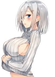 Rule 34 | 10s, 1girl, alternate costume, bad id, bad twitter id, blue eyes, blush, breasts, clothes lift, clothing cutout, from side, hair ornament, hair over one eye, hairclip, hamakaze (kancolle), highres, impossible clothes, impossible sweater, kantai collection, kou mashiro, large breasts, looking at viewer, looking to the side, open mouth, ribbed sweater, short hair, side cutout, sideboob, silver hair, simple background, solo, striped, sweater, sweater lift, vertical stripes, white background