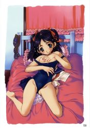 Rule 34 | 1girl, bed, black hair, breasts, cameltoe, clothes pull, highres, nipples, one-piece swimsuit, one-piece swimsuit pull, school swimsuit, small breasts, solo, swimsuit