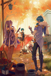 Rule 34 | 2boys, 3girls, absurdres, apple, barrel, basket, black pantyhose, blonde hair, blue hair, boots, campfire, commentary request, cooking, day, detached sleeves, dress, earrings, eyepatch, fischl (genshin impact), food, fruit, genshin impact, gloves, halo, highres, jacket, jewelry, kaeya (genshin impact), keqing (genshin impact), lantern, long hair, multiple boys, multiple girls, omegu, outdoors, paimon (genshin impact), pants, pantyhose, partially fingerless gloves, pillar, pot, purple eyes, scroll, shorts, single earring, squatting, standing, steam, table, tree, twintails, two side up, white hair, xingqiu (genshin impact)